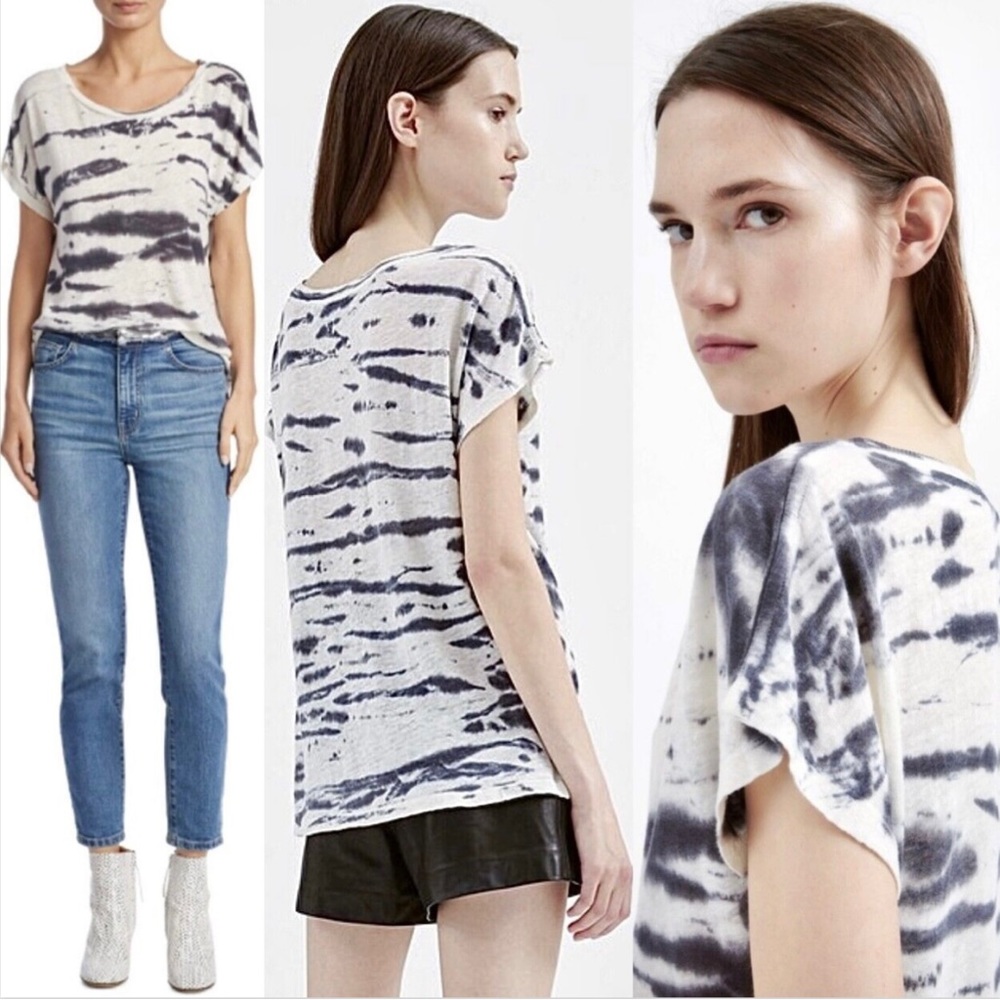 IRO 100% Linen T Shirt Tie Dye Knit Top Short Cap Sleeve Cilka Tee Grey White XS